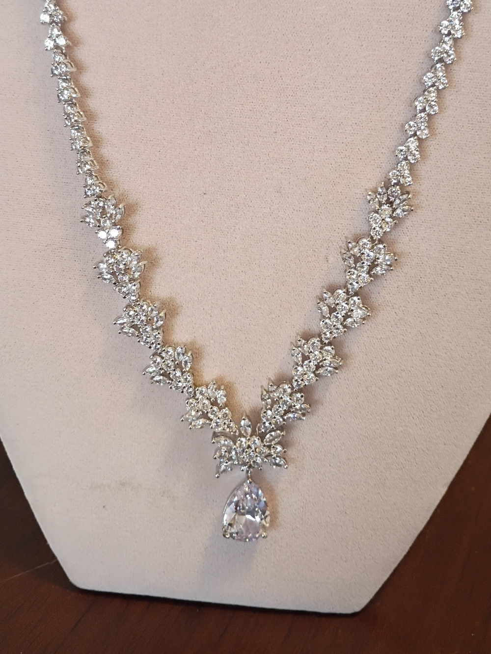 Silver Crystal Statement Necklace with Clear Teardrop Pendant